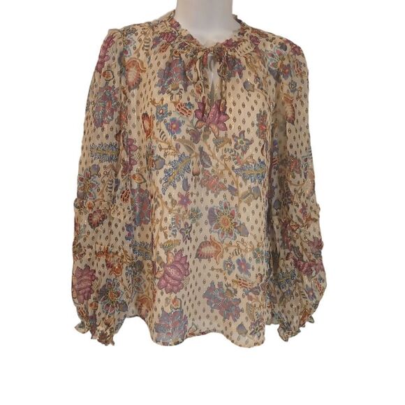 LOFT shimmer Vine smocked ruffle tie neck blouse size LP - Picture 3 of 11